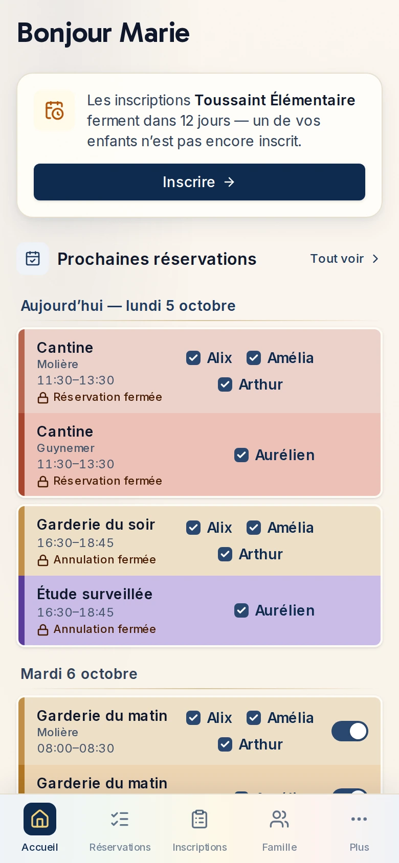 Accueil de l’Espace Famille : prochaines réservations et actions du moment