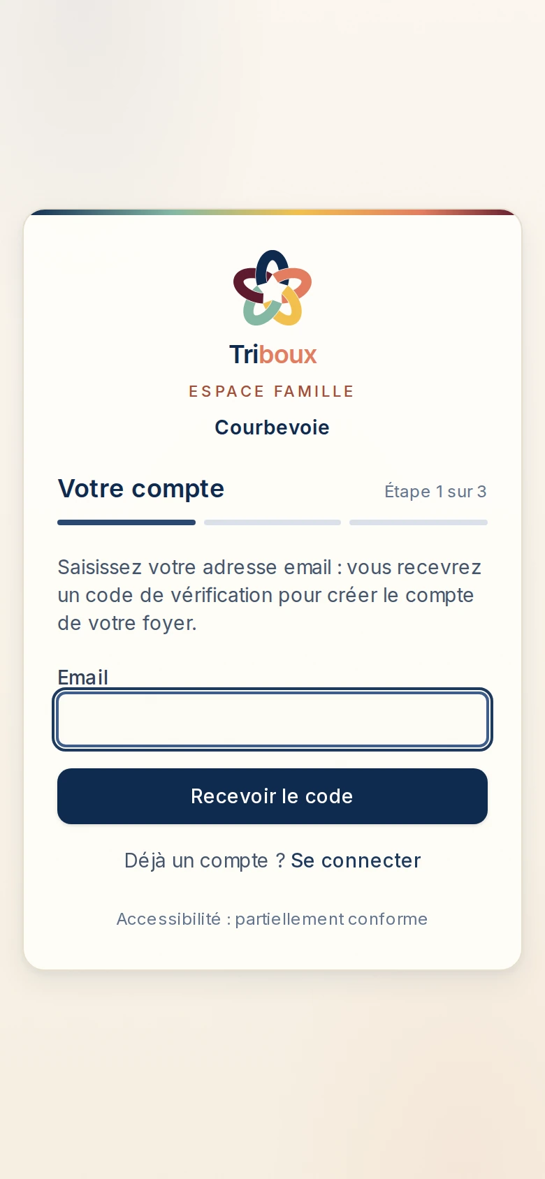 Création de compte de l’Espace Famille : première étape d’identité avec vérification du mail