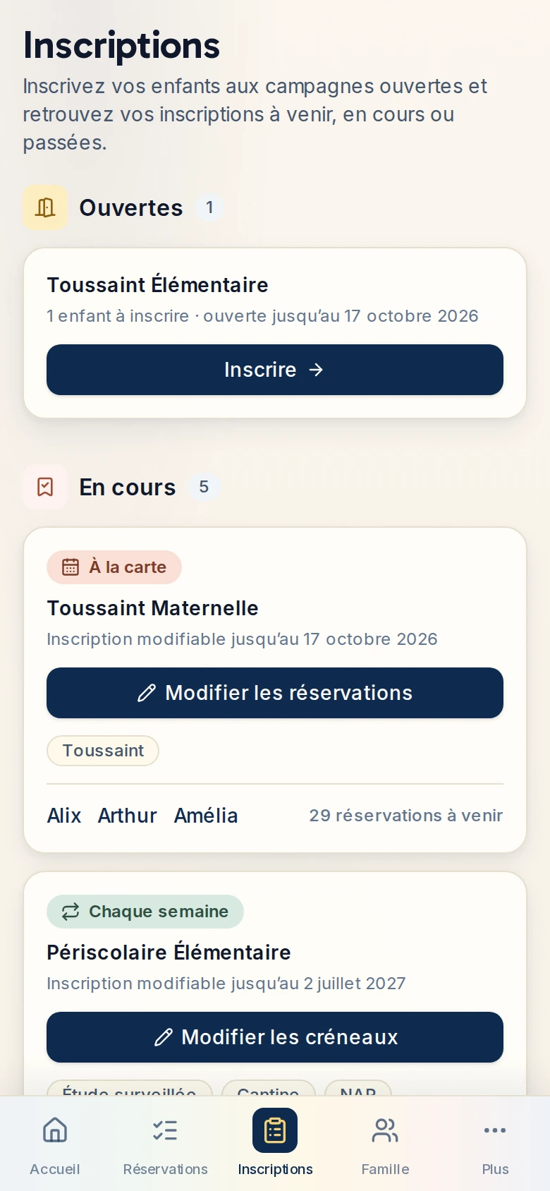Page Inscriptions de l’Espace Famille : campagnes ouvertes et inscriptions en cours de la famille