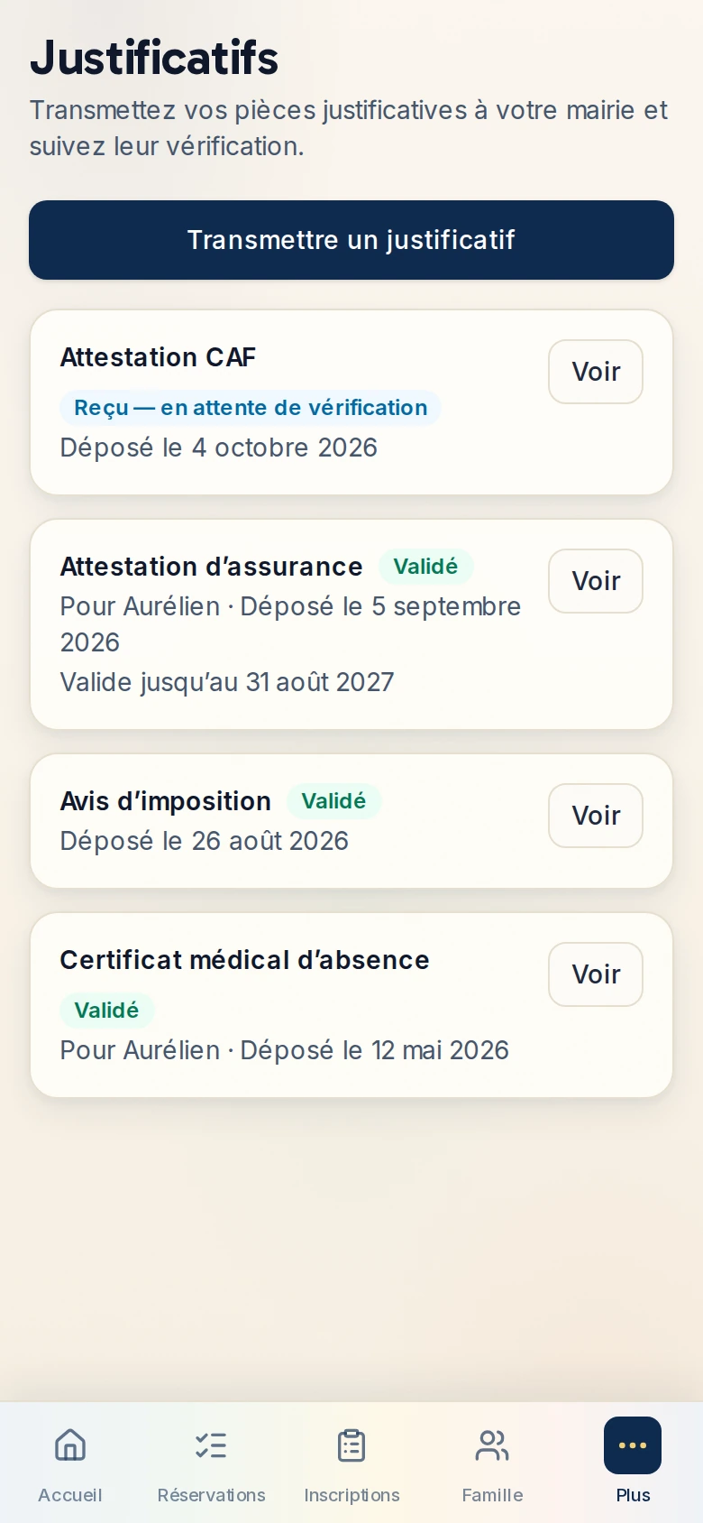 Coffre Justificatifs de l’Espace Famille : pièces déposées avec leur état de vérification
