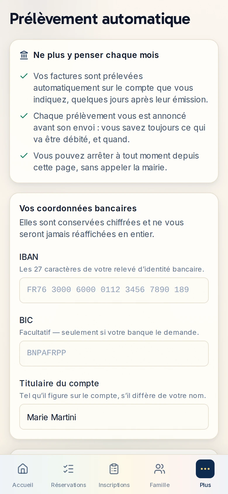 Signature d’un mandat dans l’Espace Famille : ce que le prélèvement change pour la famille, puis IBAN et titulaire du compte