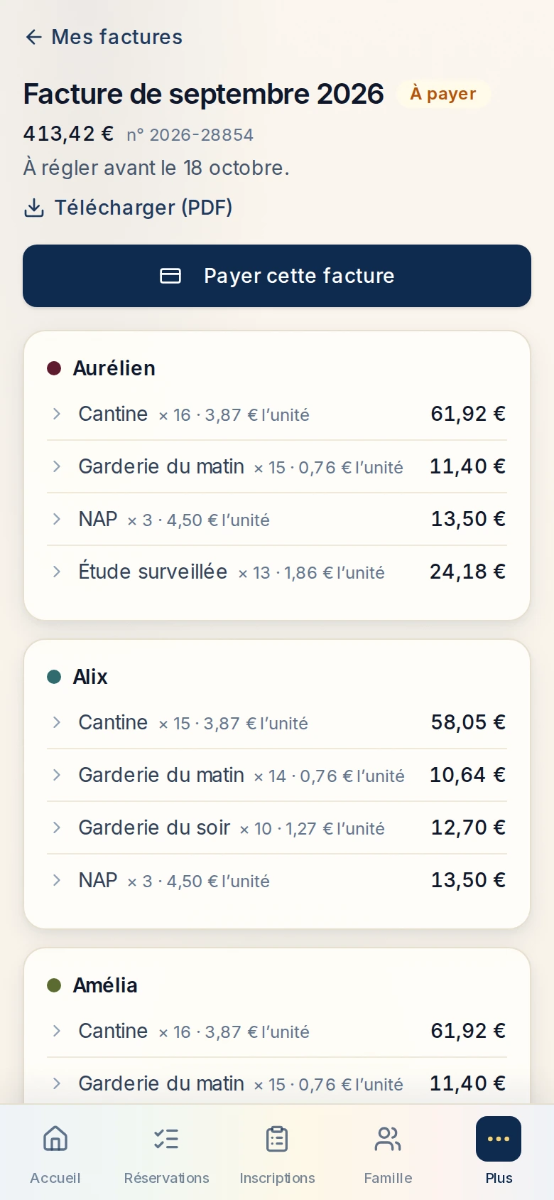 Facture de septembre dans l’Espace Famille : montant dû, date limite, bouton « Payer cette facture » et détail par enfant
