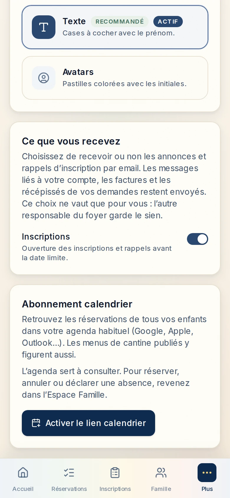 Paramètres de l’Espace Famille : carte d’abonnement au calendrier personnel