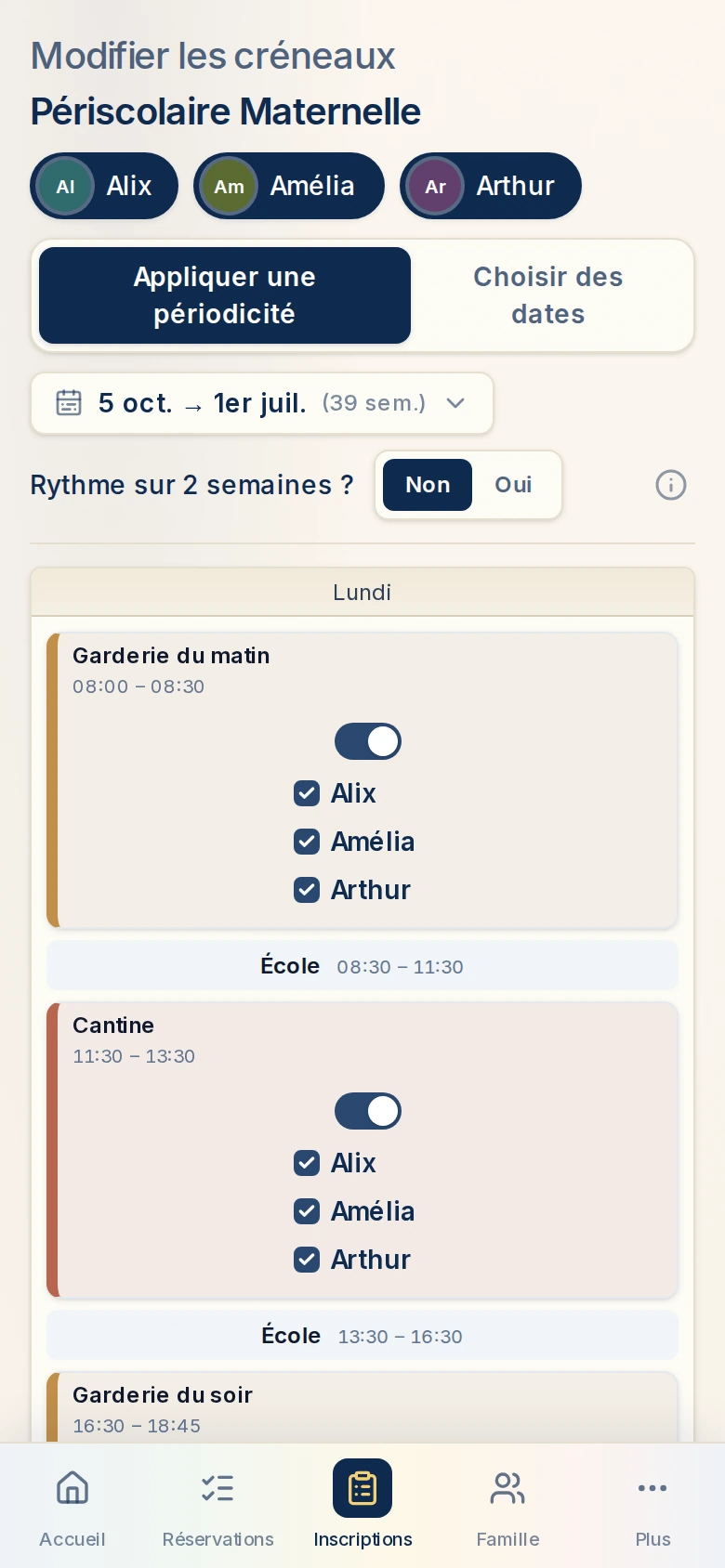 Éditeur de périodicité de l’Espace Famille : semaine type par enfant et par activité