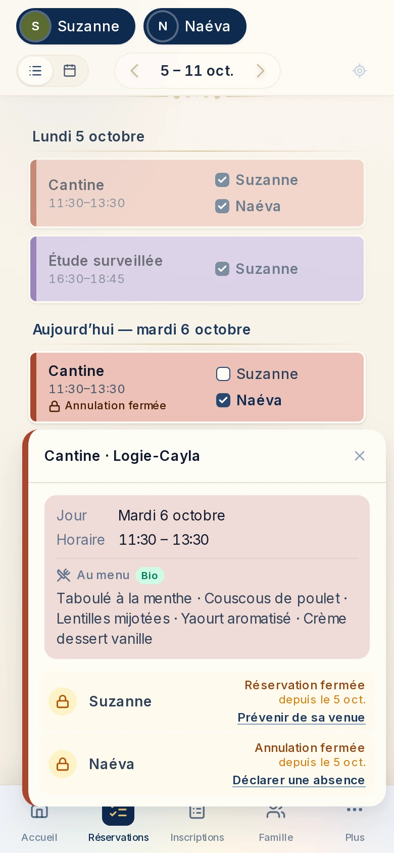 Détail d’un créneau de cantine dans l’Espace Famille : un enfant réservé peut déclarer une absence, un enfant sans réservation peut prévenir de sa venue