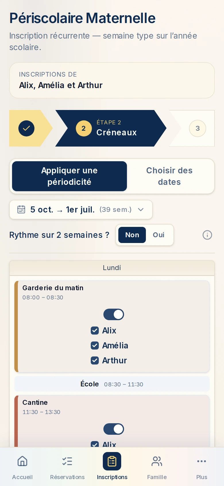 Étape Créneaux d’une campagne récurrente : semaine type, cadence et enfants par activité, sans compteur de places