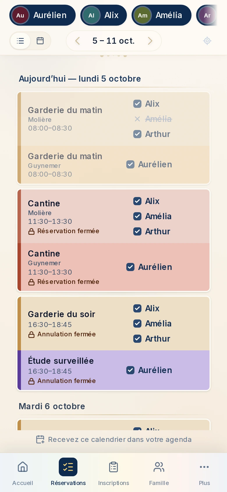 Vue liste des réservations à venir de la famille avec les actions possibles