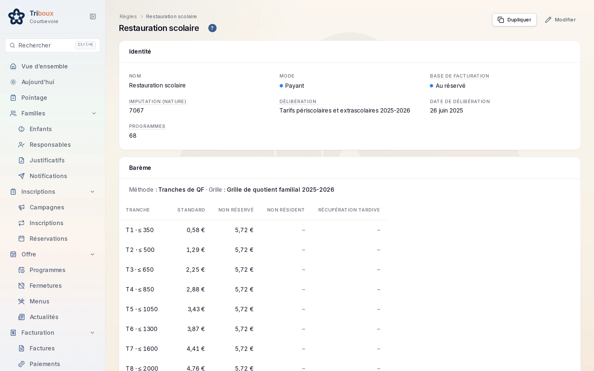 Fiche d’un barème dans l’Espace Pro : imputation comptable, délibération de référence, puis un prix par tranche et par colonne de cas