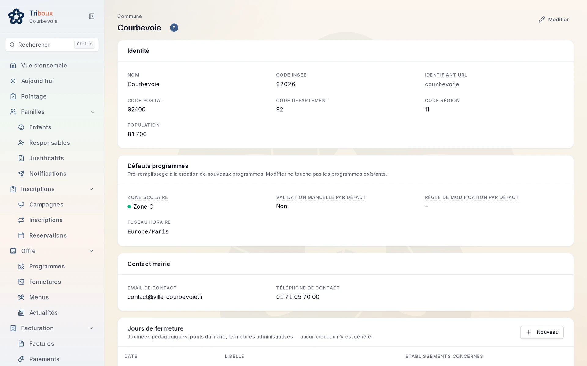 Page Commune de l’Espace Pro : identité, zone scolaire, défauts de programme et contact mairie