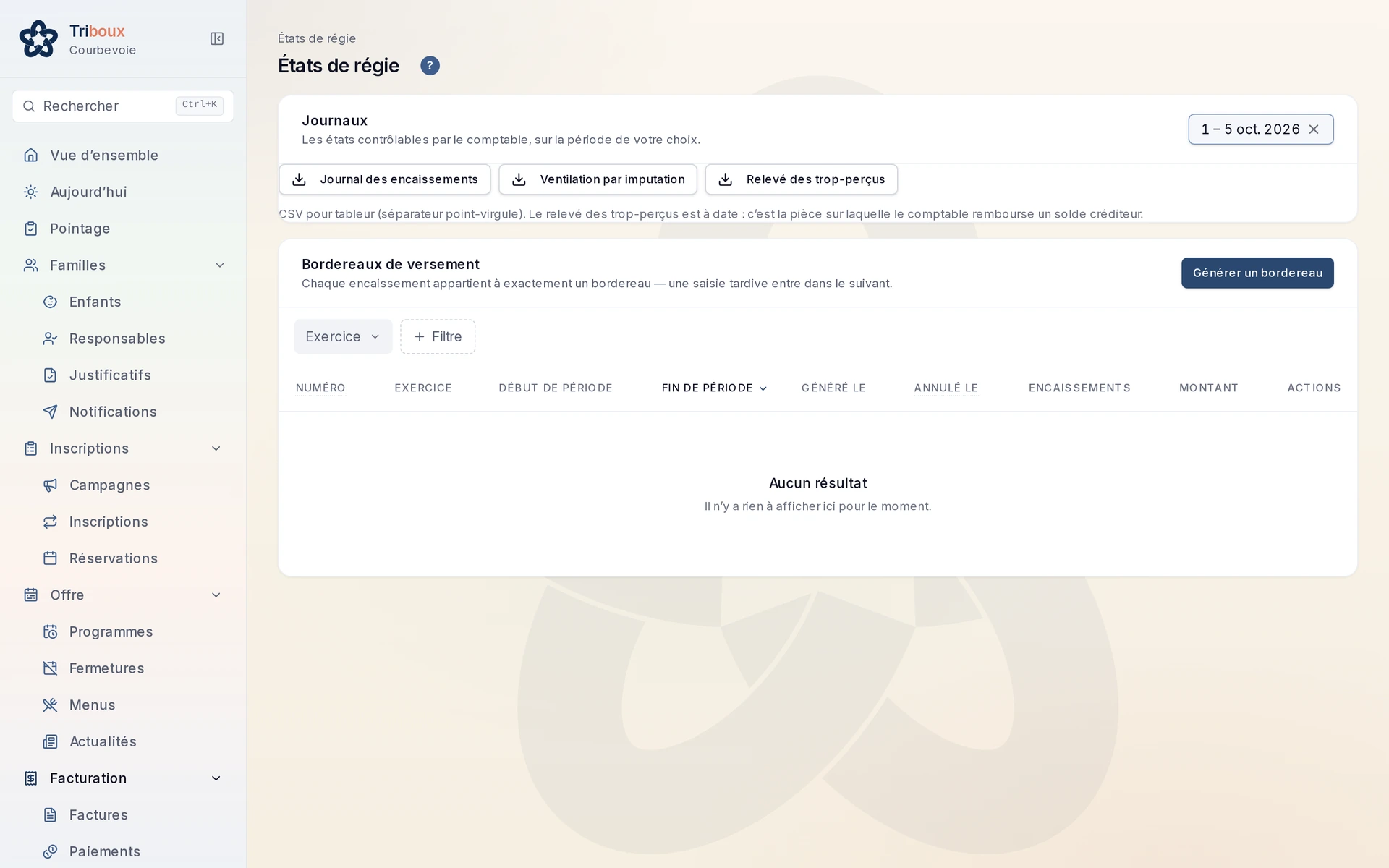 Page États de régie de l’Espace Pro : journaux téléchargeables et bordereaux de versement avec PDF et export de titrage
