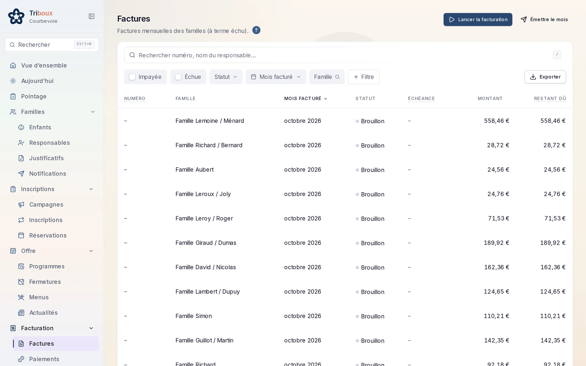 Liste des factures dans l’Espace Pro : filtres, statuts et bouton Exporter dans la barre d’outils
