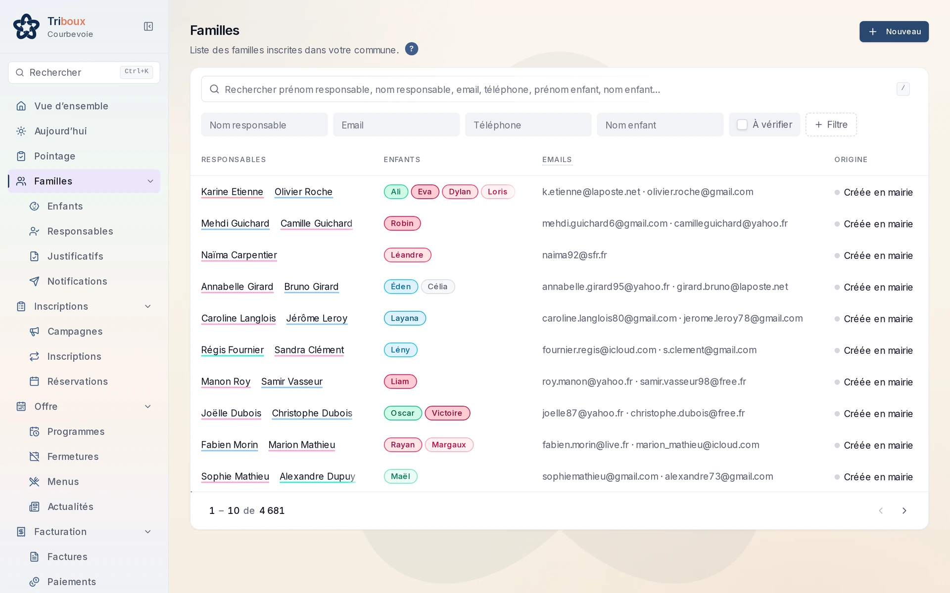 Liste des familles dans l’Espace Pro avec filtres et compteurs