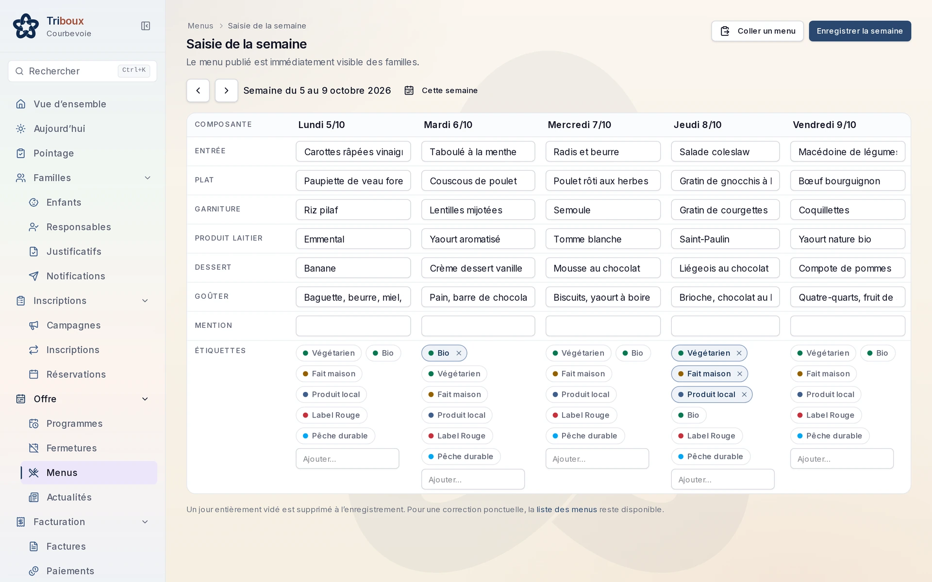 Saisie de la semaine dans l’Espace Pro : grille des menus par jour et par composante