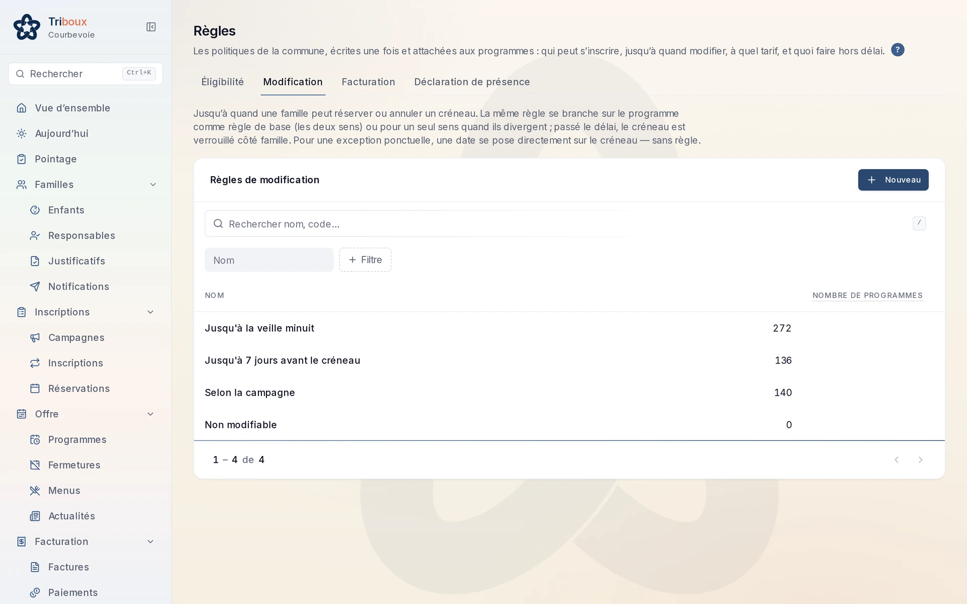 Facette Modification de la page Règles : délais nommés et nombre de programmes qui les appliquent