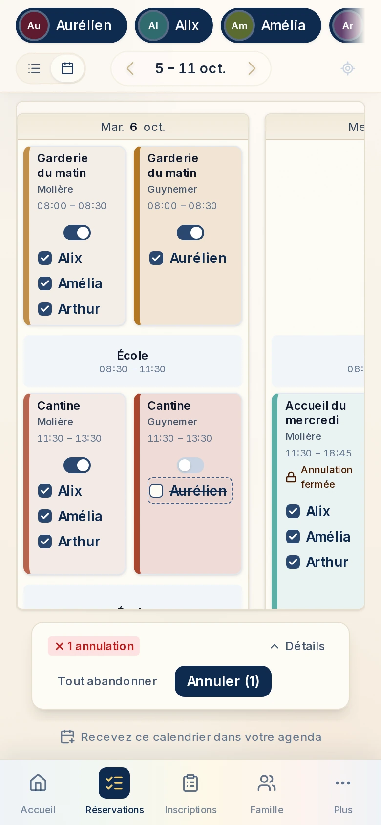 Espace Famille — le calendrier de la semaine du 5 au 11 octobre, une annulation en attente d’enregistrement.
