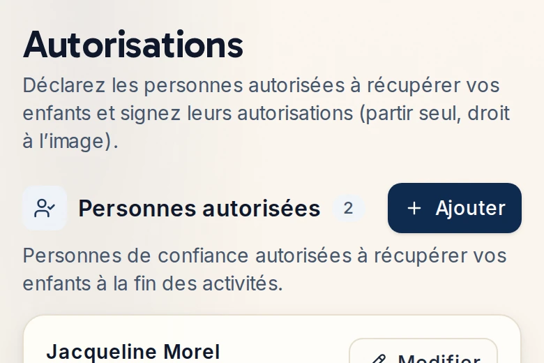 Les personnes autorisées à récupérer les enfants, avec leur qualité et leur téléphone.