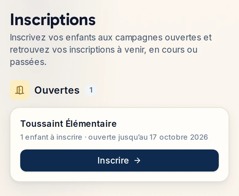 Les campagnes ouvertes du moment, avec le nombre d’enfants restant à inscrire.