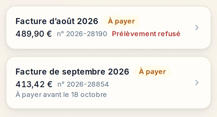Les factures à payer du foyer : août, dont le prélèvement a été refusé, et septembre à régler avant le 18 octobre.