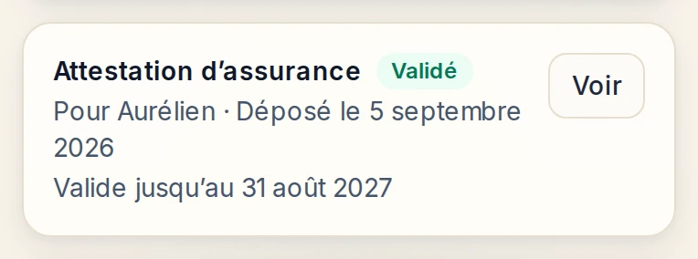 L’attestation d’assurance d’un enfant : statut validé, date du dépôt et date de fin de validité, consultables dans l’Espace Famille.