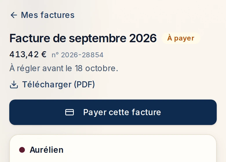 La facture du mois dans l’Espace Famille, avec son montant, sa date limite et le bouton pour la régler en ligne.