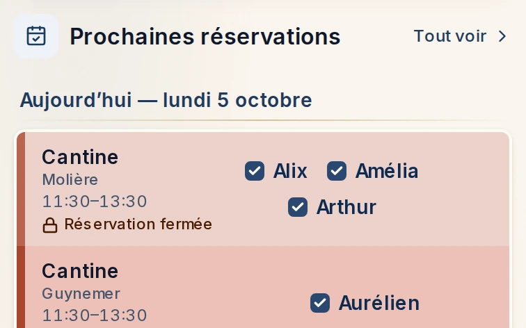 Les prochaines réservations du foyer, enfant par enfant, avec les annulations déjà fermées.