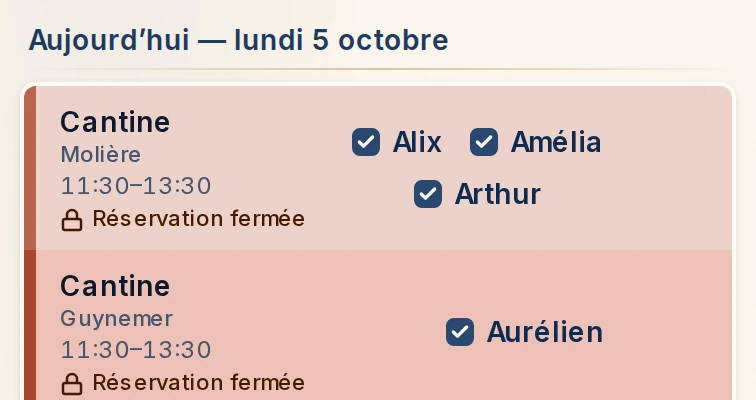 Les réservations de cantine d’une famille pour le lundi 5 octobre, enfant par enfant.